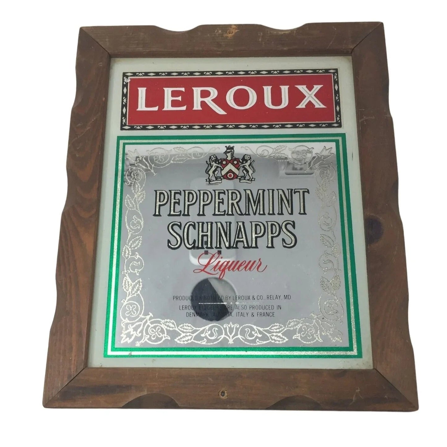 Vintage LEROUX PEPPERMINT SCHNAPPS LIQUEUR Bar Mirror Sign with Wood Frame - A+ Stuff