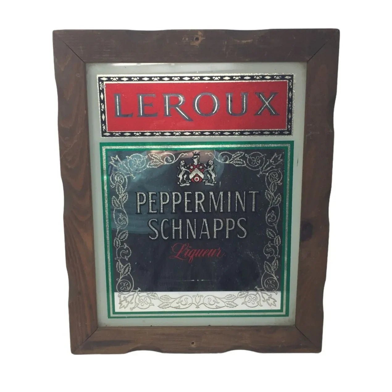 Vintage LEROUX PEPPERMINT SCHNAPPS LIQUEUR Bar Mirror Sign with Wood Frame - A+ Stuff