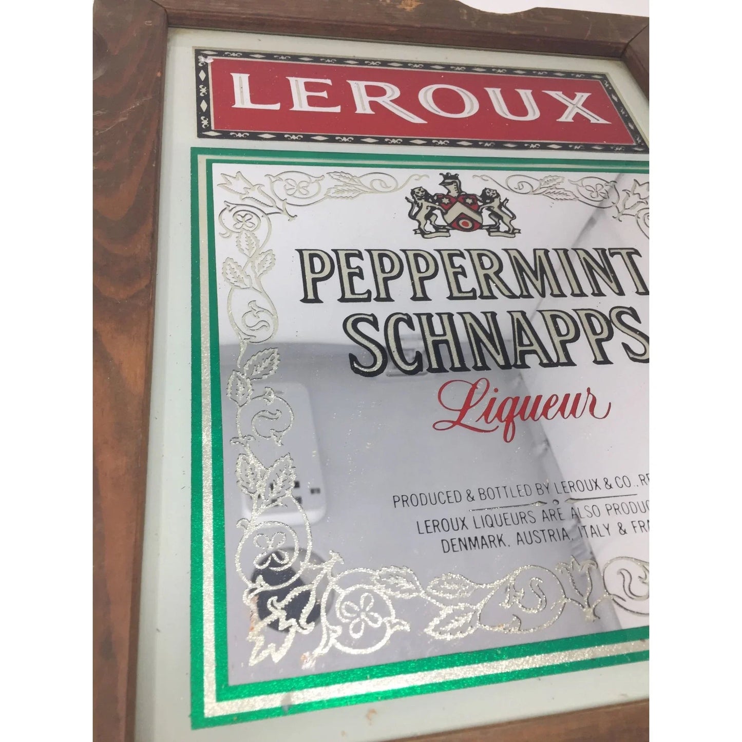 Vintage LEROUX PEPPERMINT SCHNAPPS LIQUEUR Bar Mirror Sign with Wood Frame - A+ Stuff
