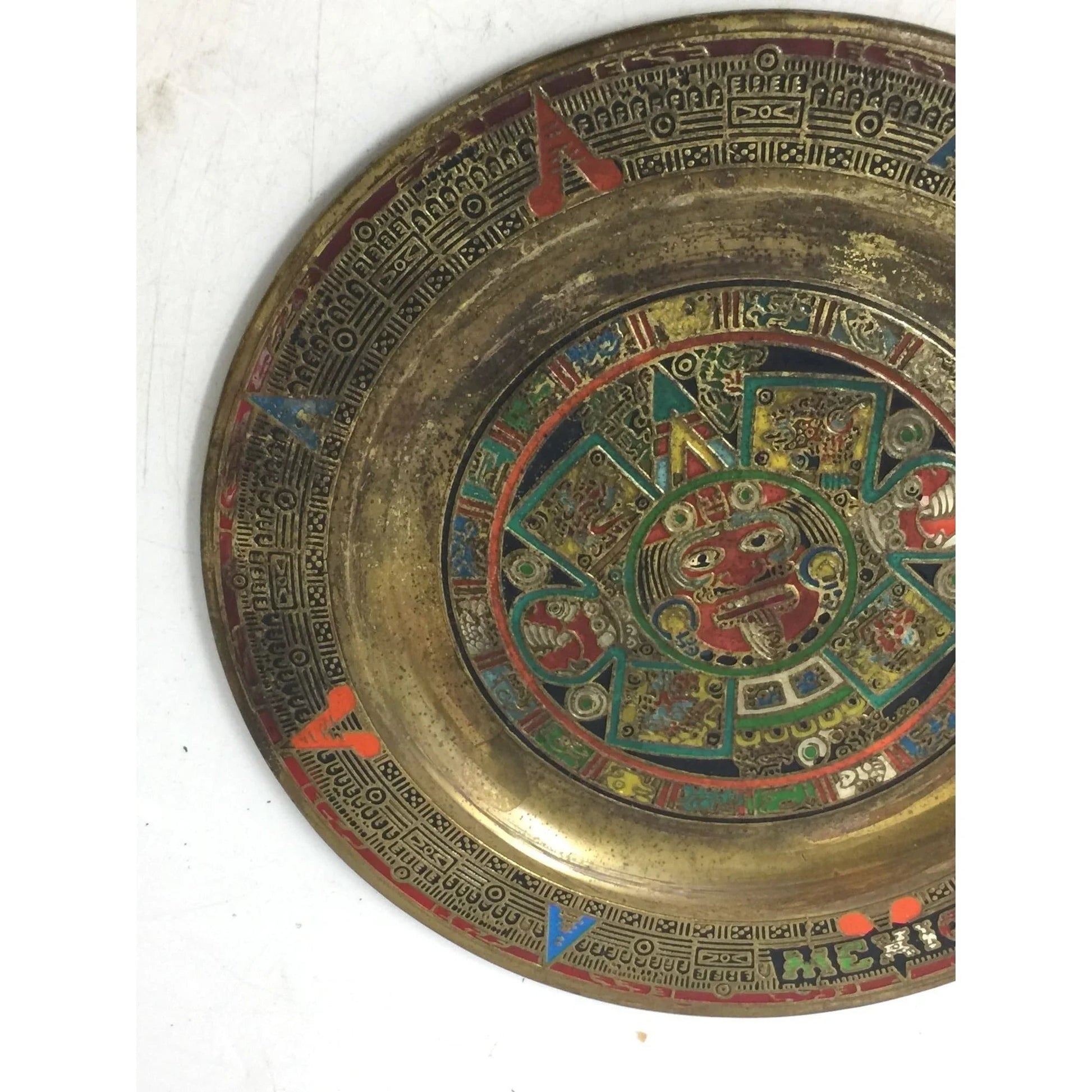 Vintage Mexican Folk Art Aztec Calendar Gold Tone Plate - A+ Stuff - Plates - A+ Stuff