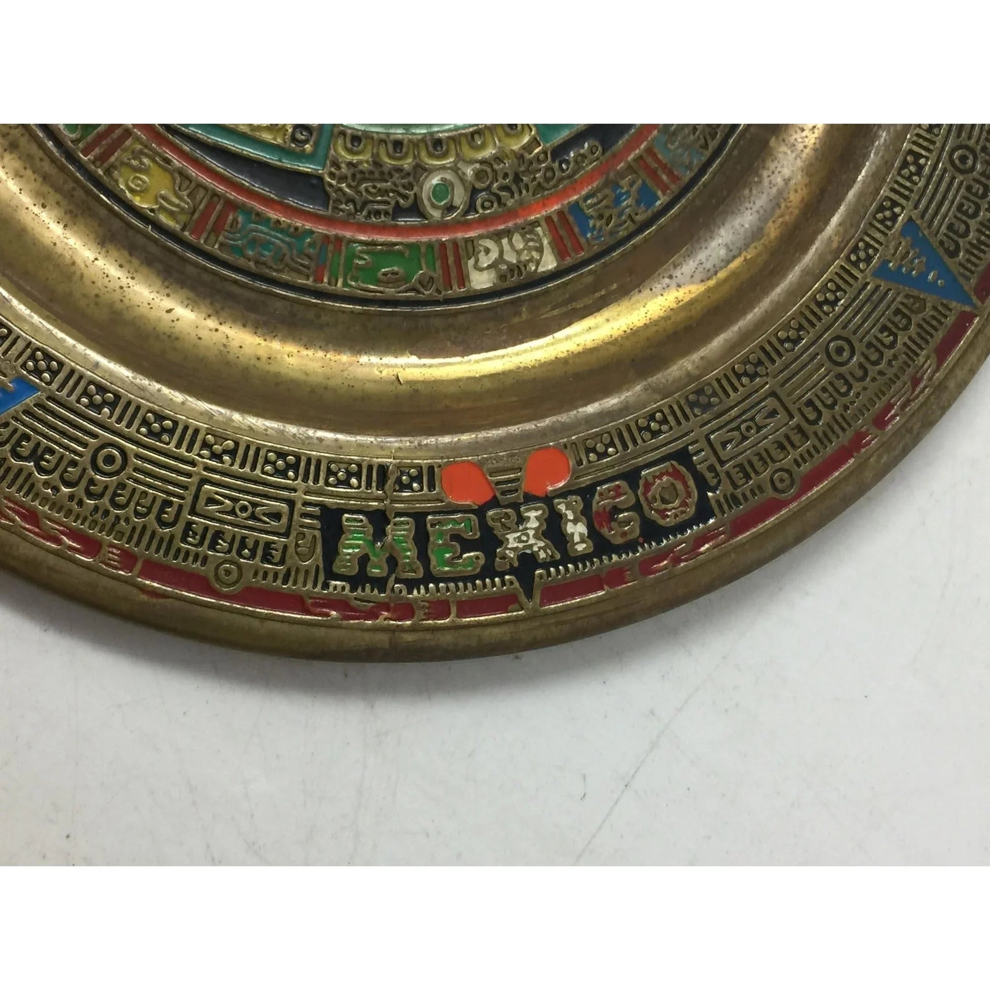 Vintage Mexican Folk Art Aztec Calendar Gold Tone Plate - A+ Stuff - Plates - A+ Stuff