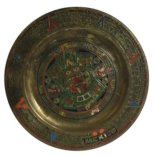 Vintage Mexican Folk Art Aztec Calendar Gold Tone Plate - A+ Stuff - Plates - A+ Stuff
