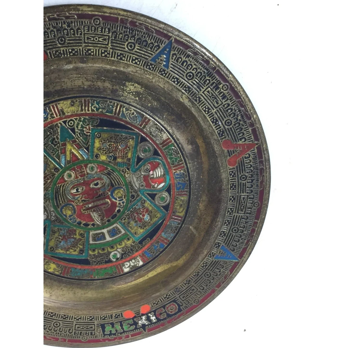 Vintage Mexican Folk Art Aztec Calendar Gold Tone Plate - A+ Stuff - Plates - A+ Stuff
