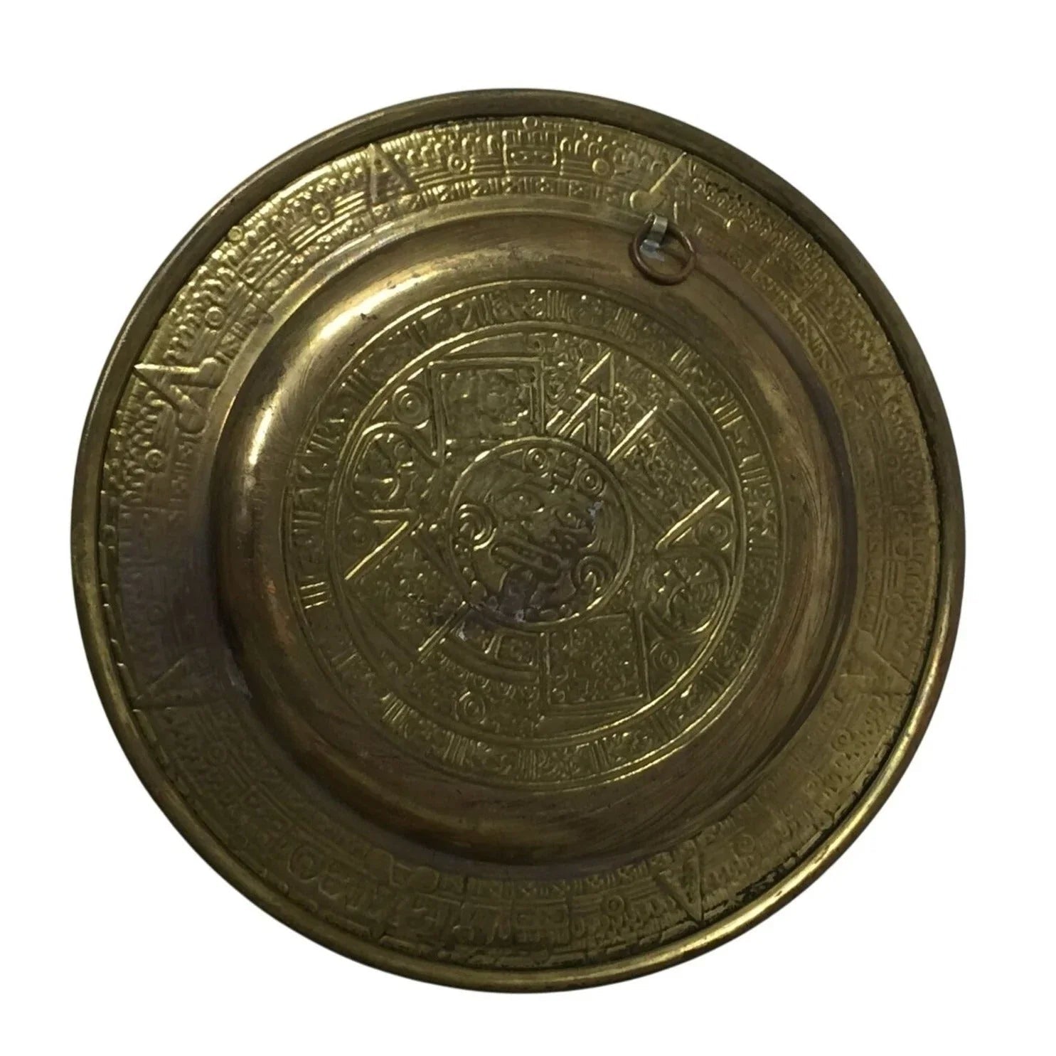 Vintage Mexican Folk Art Aztec Calendar Gold Tone Plate - A+ Stuff - Plates - A+ Stuff