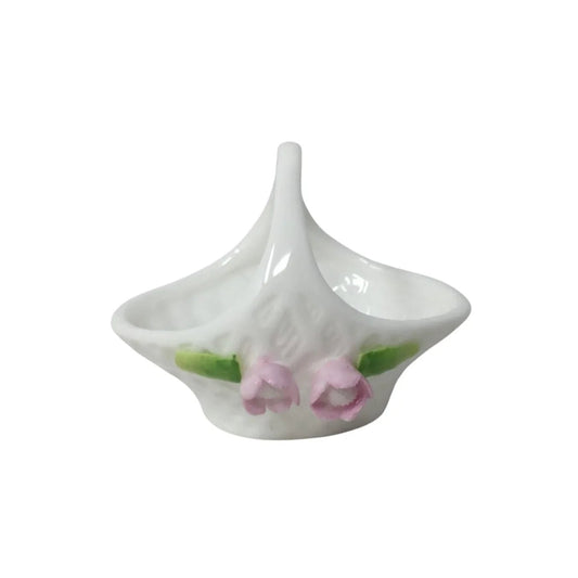 Vintage Miniature Ceramic White Basket with Handle and Flowers on it - A+ Stuff - Figurines - A+ Stuff