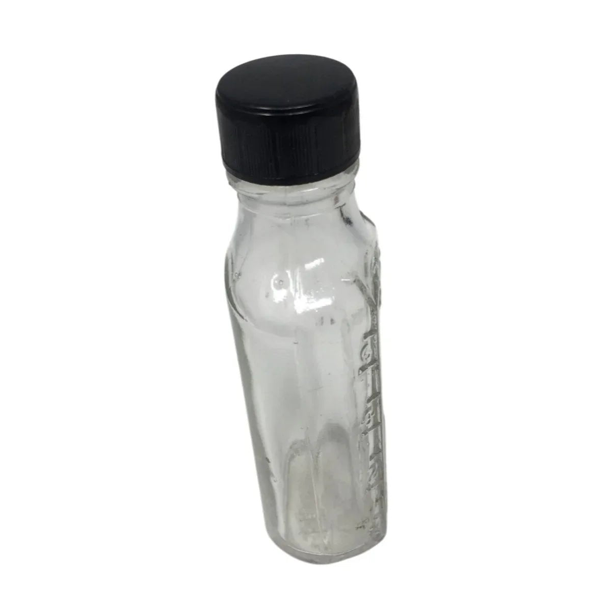 Vintage Miniature Duraglas Clear Glass Bottle with Black Lid - duraglas - Glass - A+ Stuff