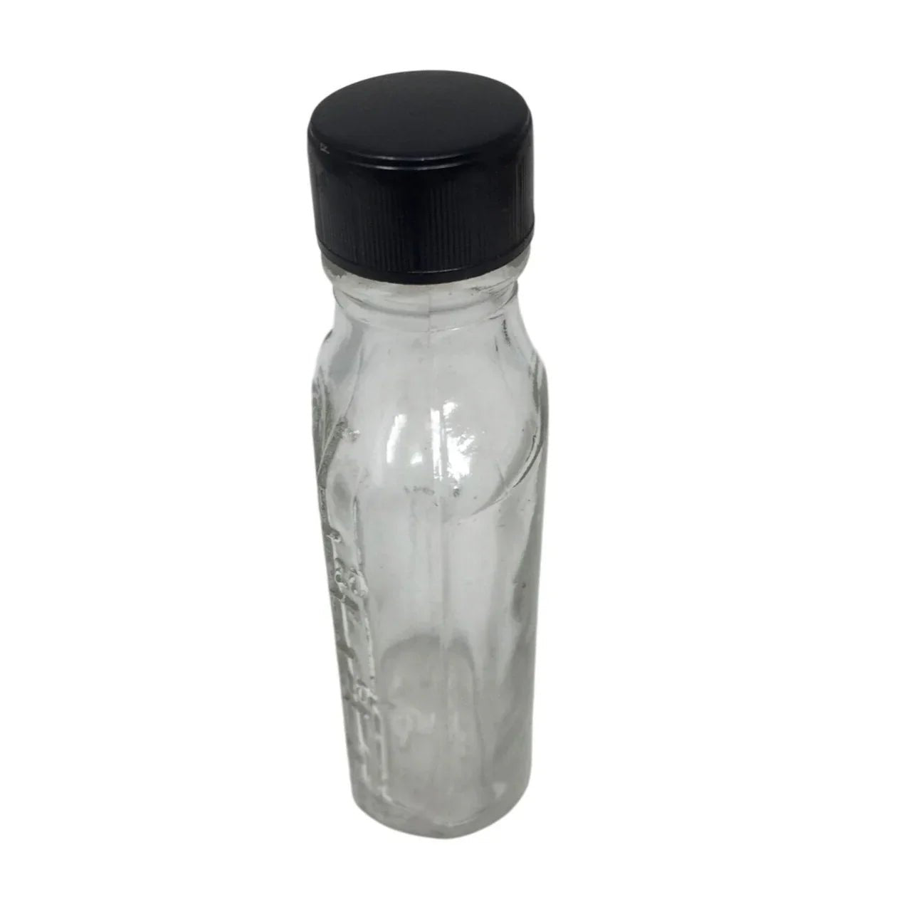 Vintage Miniature Duraglas Clear Glass Bottle with Black Lid - duraglas - Glass - A+ Stuff