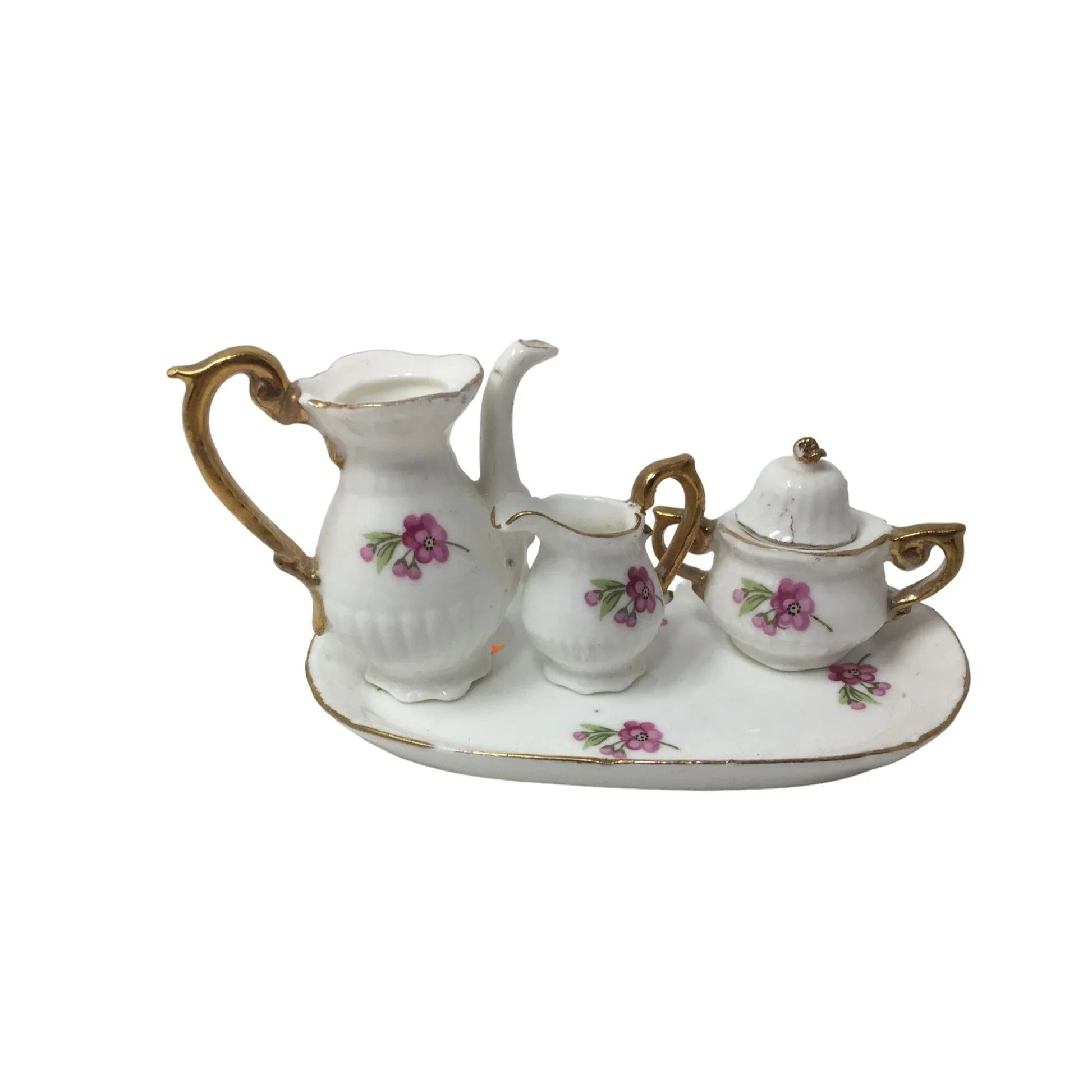 Vintage Miniature Fine Bone China Porcelain Tea Set - Tea Pot, Pitcher, Plate - A+ Stuff - teapot - A+ Stuff