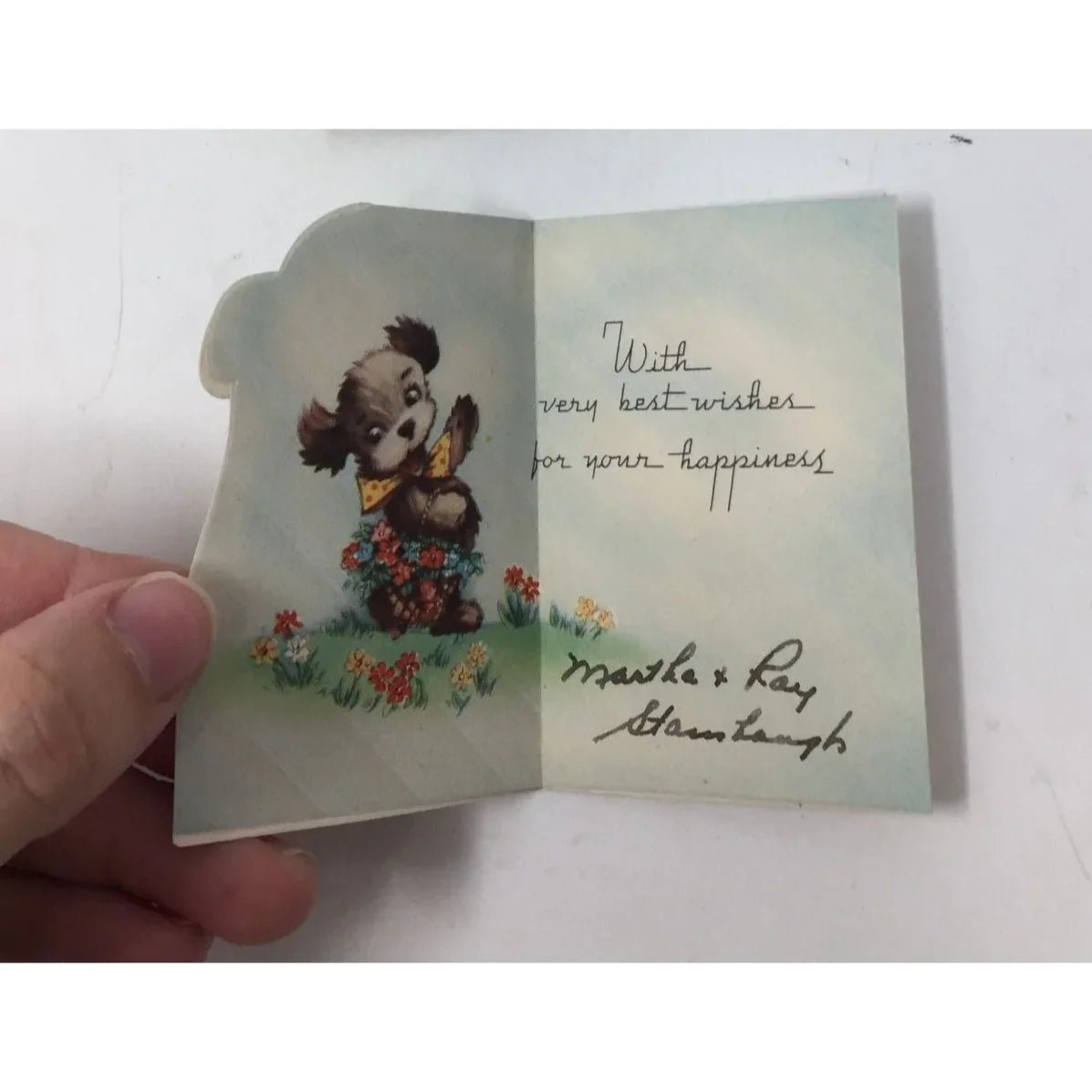 Vintage Miniature Paper Card "A Gift For You" with Puppy Dog and Flowers on it - A+ Stuff - Collectibles - A+ Stuff