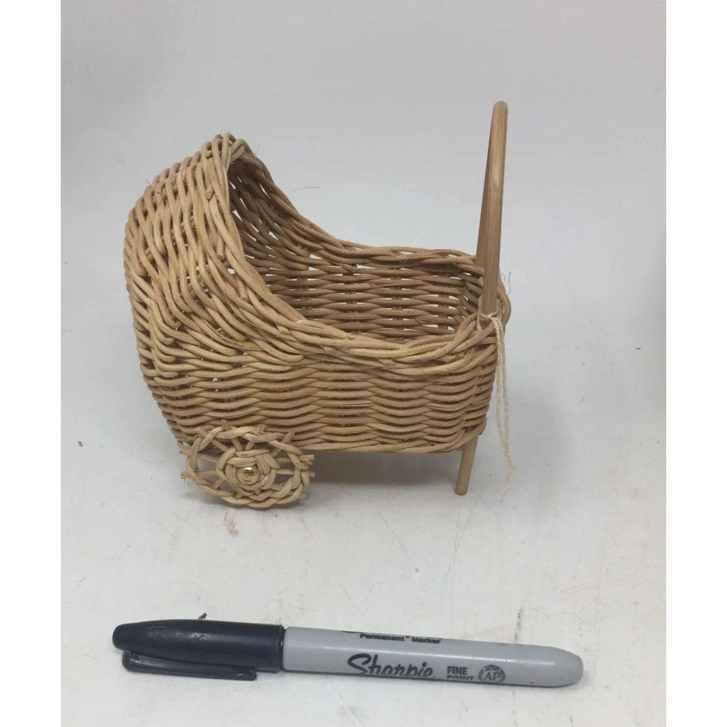 Vintage Miniature Woven Wicker Bassinet Basket with Handle on Wheels - A+ Stuff - Collectibles - A+ Stuff
