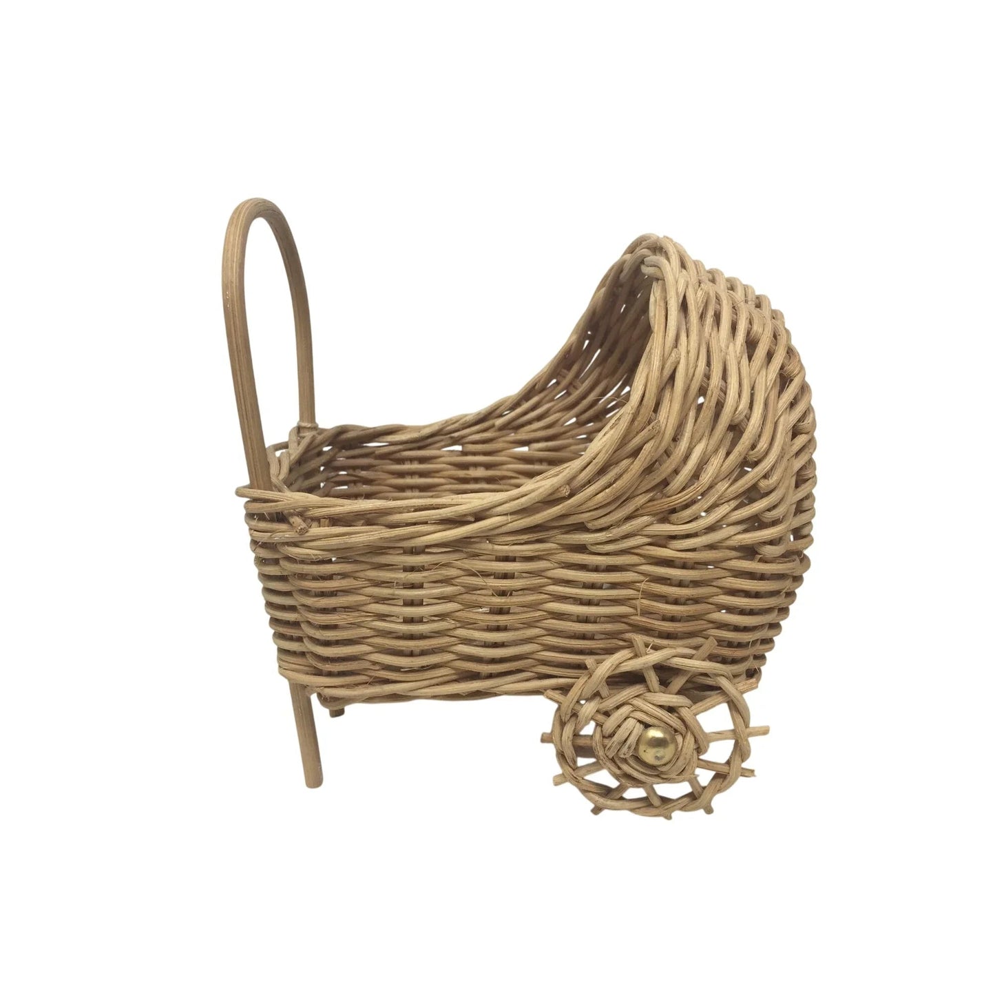 Vintage Miniature Woven Wicker Bassinet Basket with Handle on Wheels - A+ Stuff - Collectibles - A+ Stuff