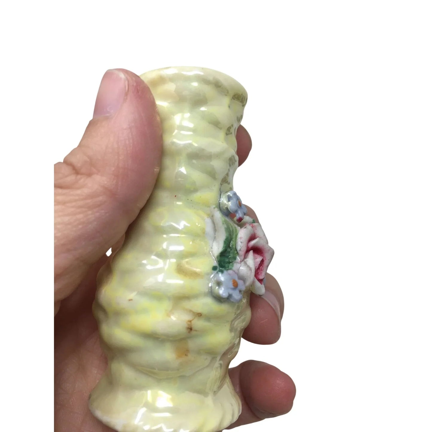 Vintage Miniature Yellow Porcelain Bud Vase with flowers on it - A+ Stuff - Vase or Holder - A+ Stuff