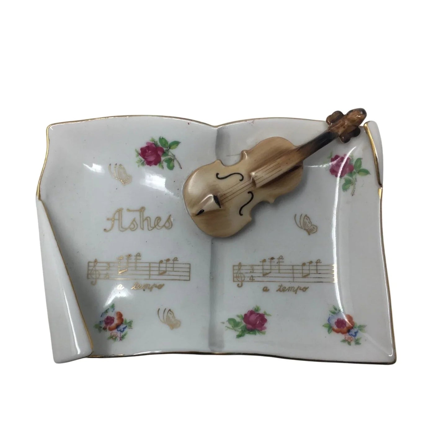 Vintage Music Notes Book Ashtray with Violin, Flowers and Gold Accents - A+ Stuff - Collectibles - A+ Stuff
