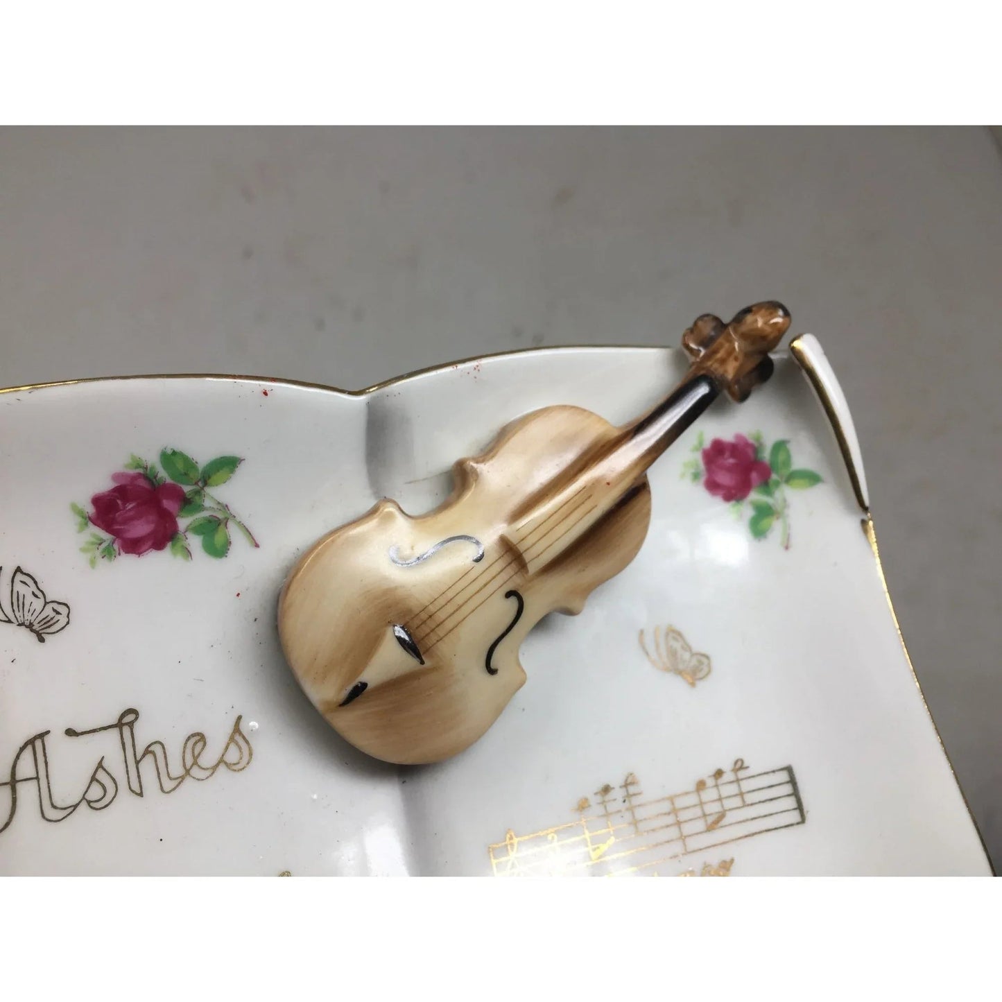 Vintage Music Notes Book Ashtray with Violin, Flowers and Gold Accents - A+ Stuff - Collectibles - A+ Stuff
