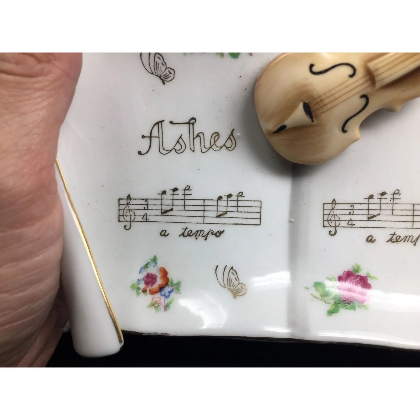 Vintage Music Notes Book Ashtray with Violin, Flowers and Gold Accents - A+ Stuff - Collectibles - A+ Stuff
