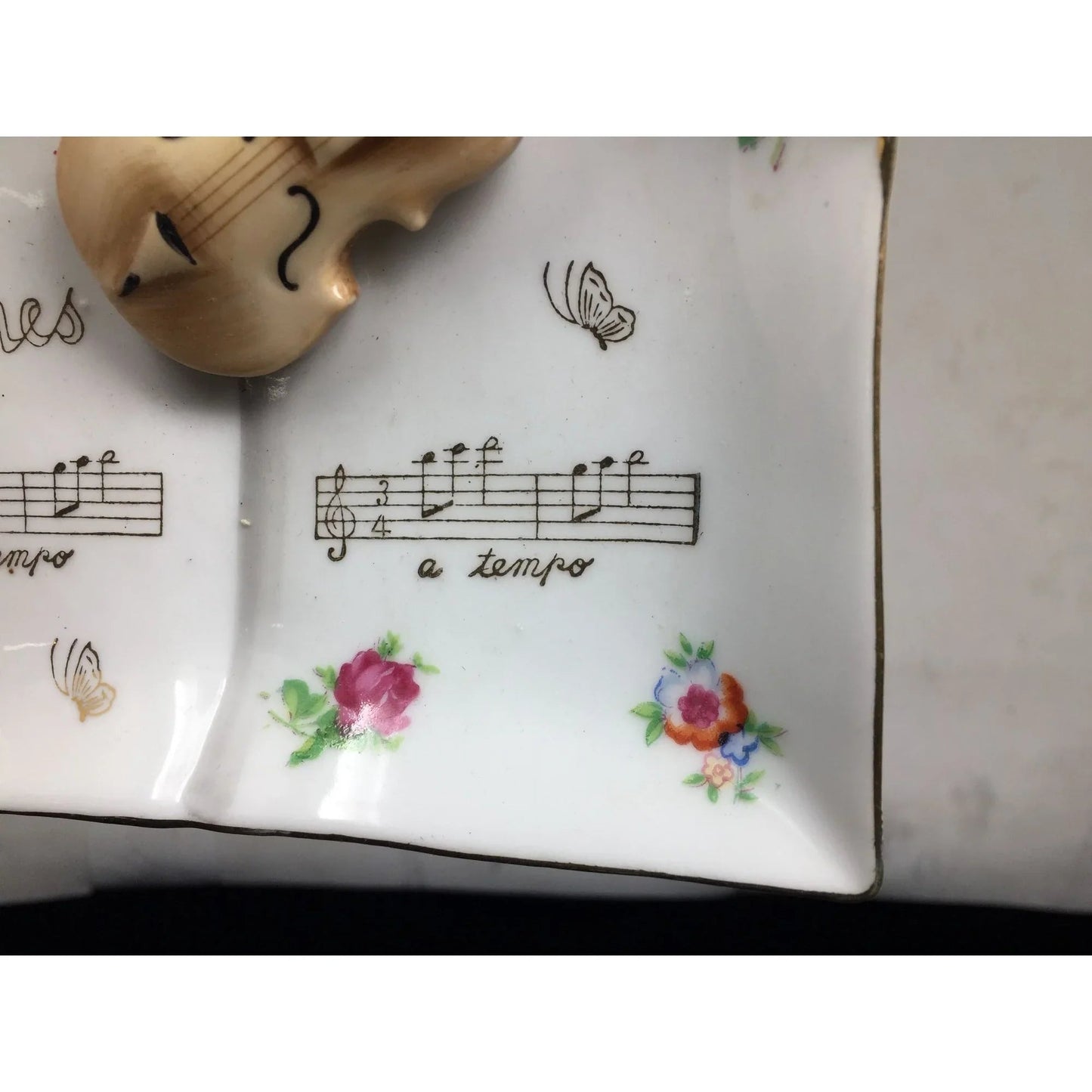Vintage Music Notes Book Ashtray with Violin, Flowers and Gold Accents - A+ Stuff - Collectibles - A+ Stuff