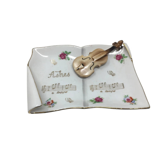 Vintage Music Notes Book Ashtray with Violin, Flowers and Gold Accents - A+ Stuff - Collectibles - A+ Stuff