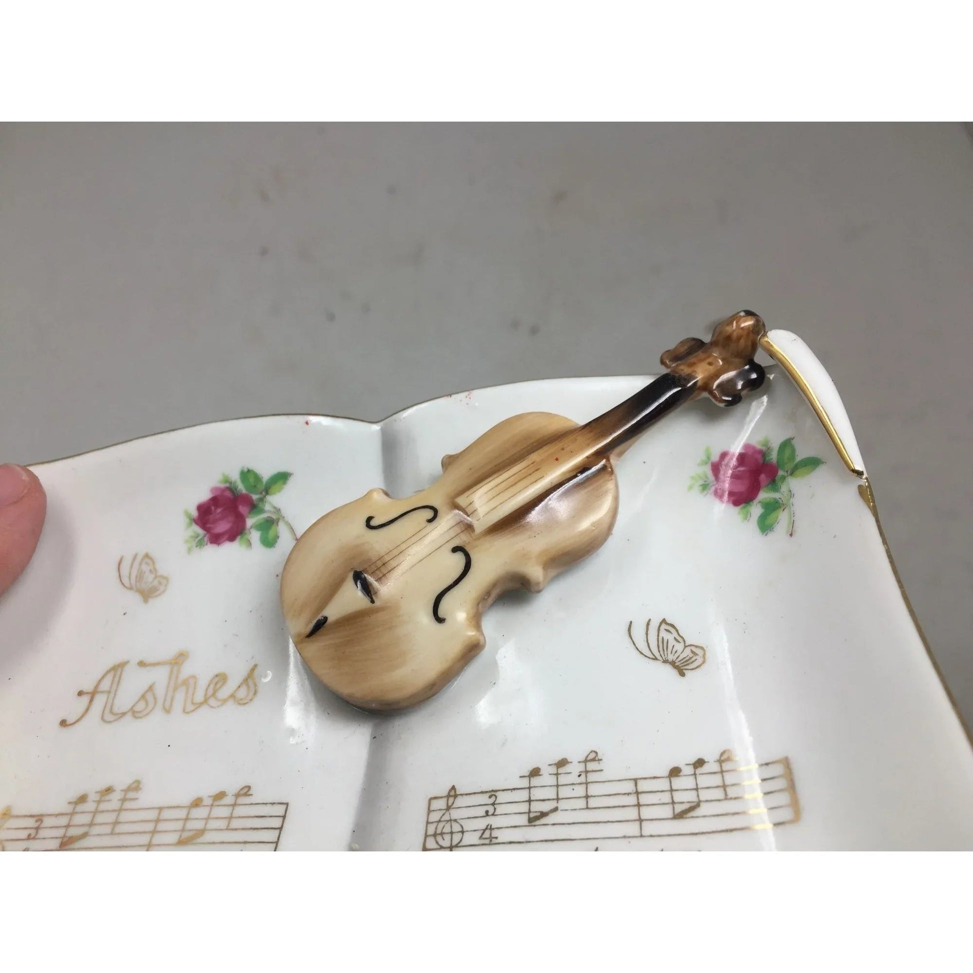 Vintage Music Notes Book Ashtray with Violin, Flowers and Gold Accents - A+ Stuff - Collectibles - A+ Stuff
