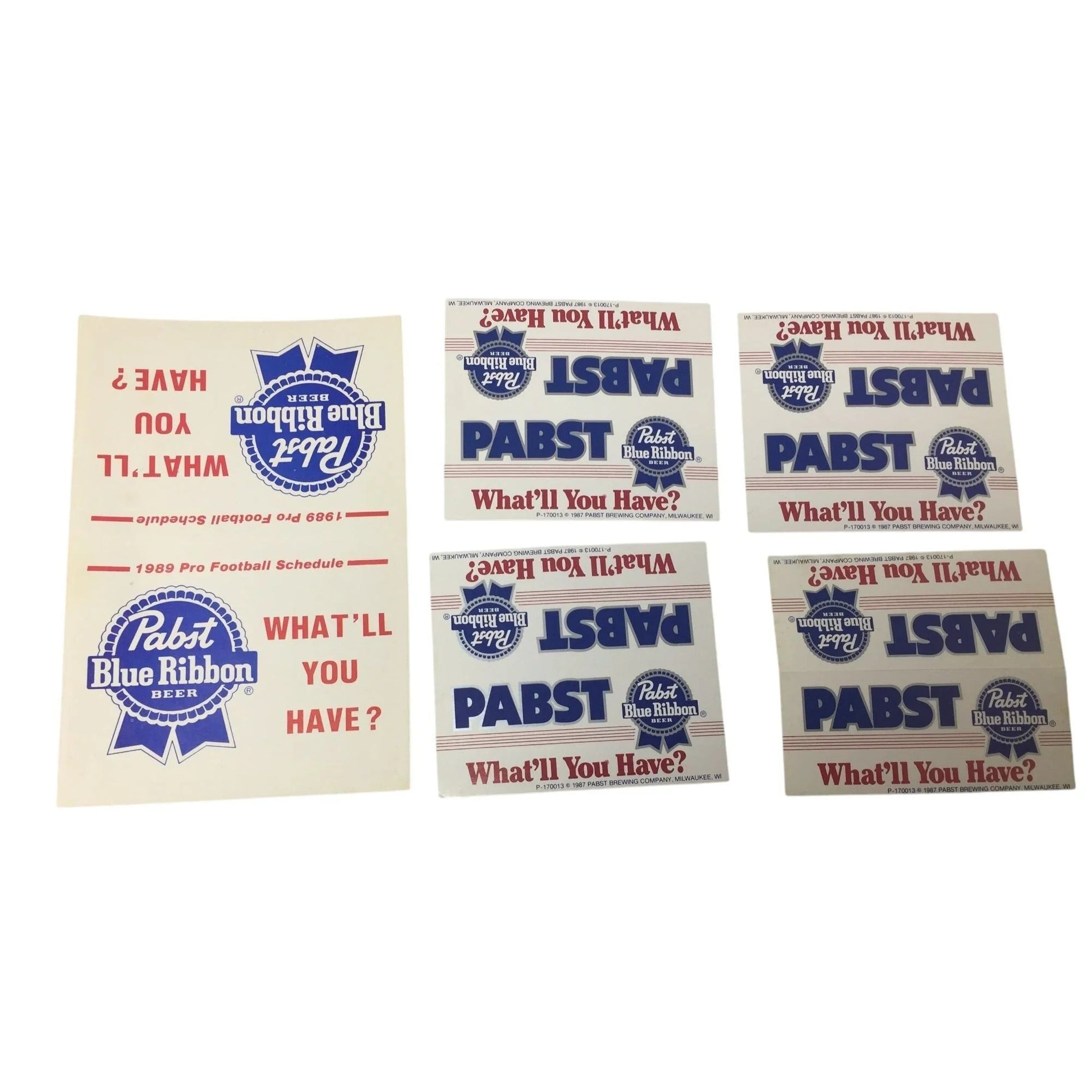 Vintage Pabst Blue Ribbon Beer ''What'll You Have?'' Cards & 1989 Pro Football Schedule - pabst - Collectibles - A+ Stuff