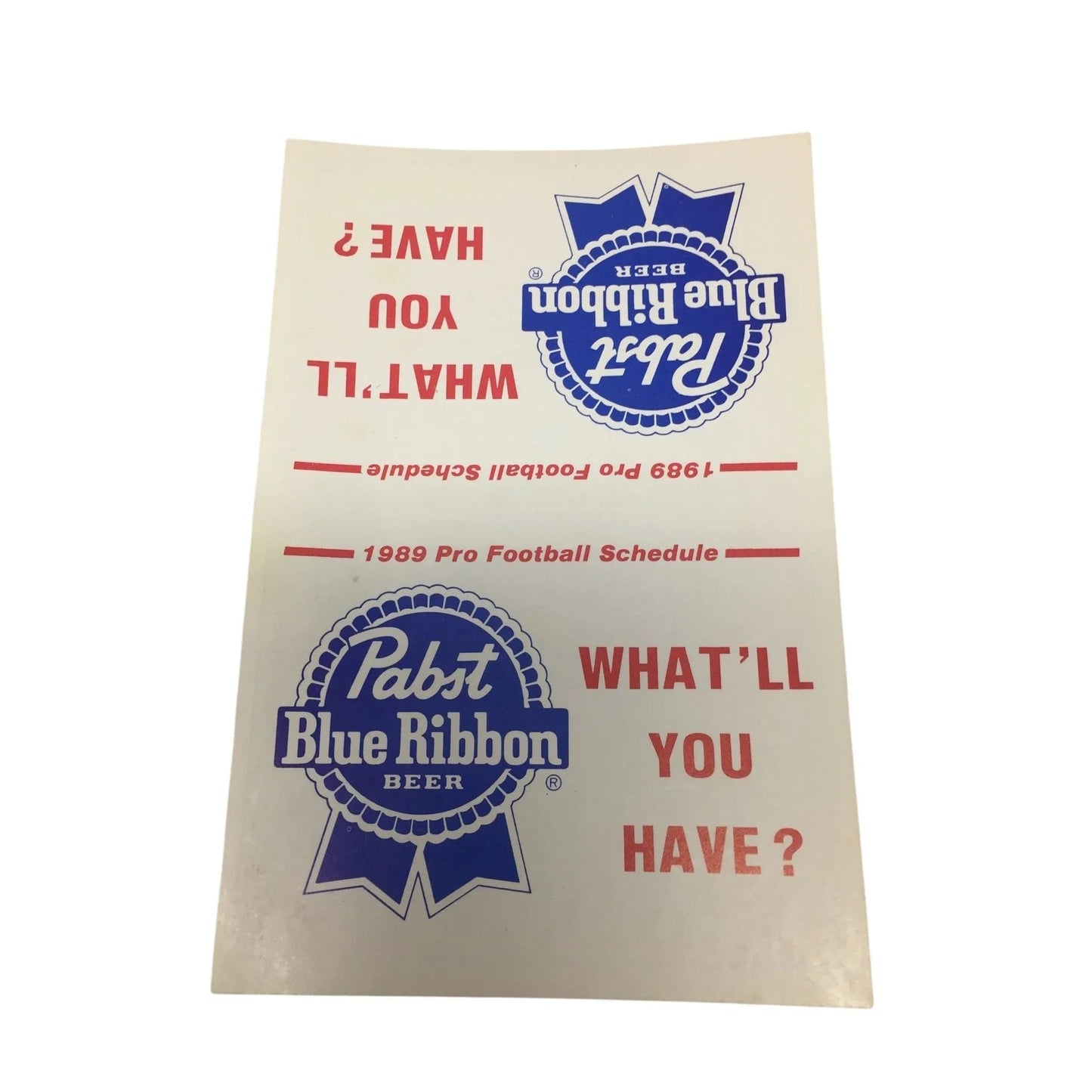 Vintage Pabst Blue Ribbon Beer ''What'll You Have?'' Cards & 1989 Pro Football Schedule - pabst - Collectibles - A+ Stuff