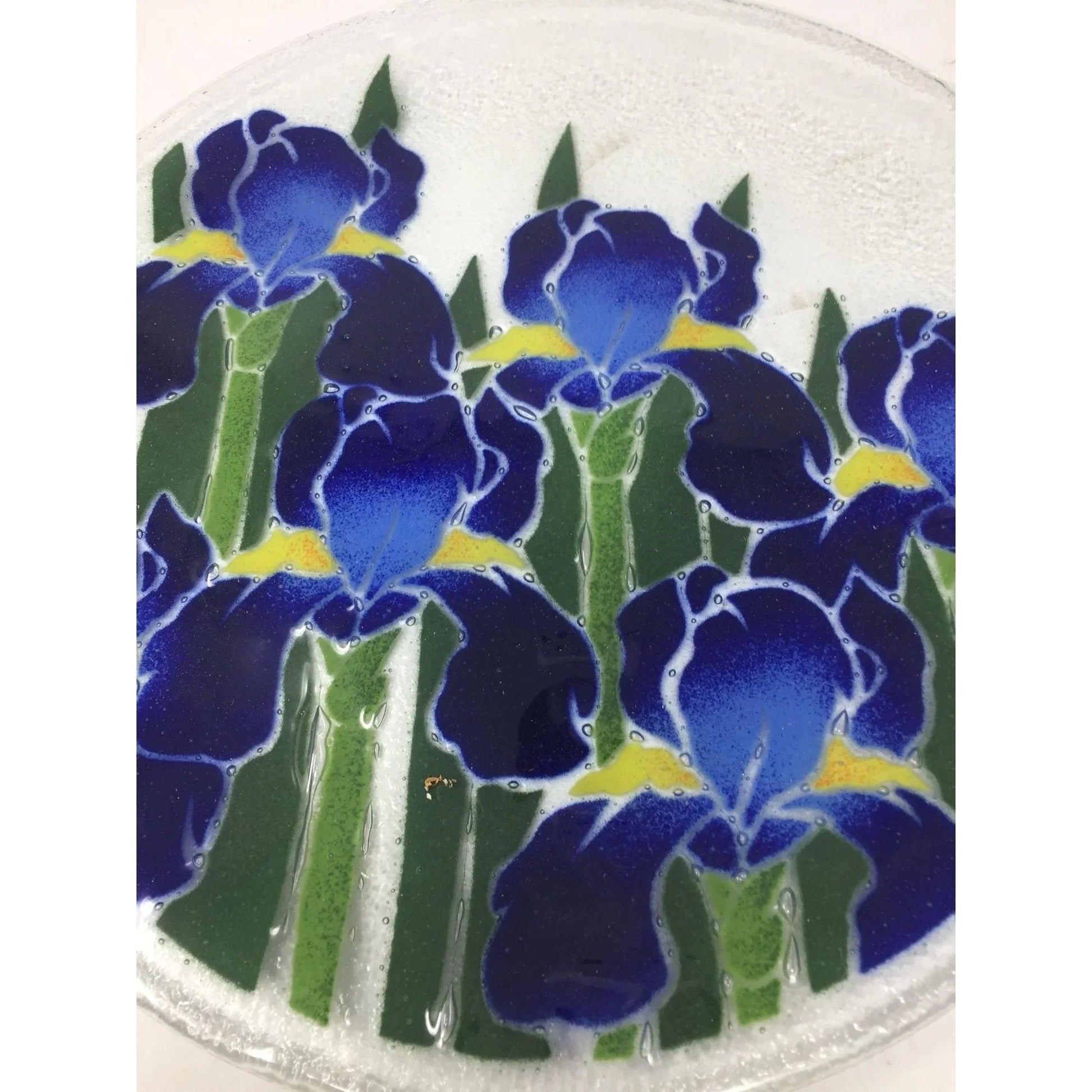 Vintage Peggy Karr Fused Art Glass Round Glass Plate with Blue Iris on it - peggy karr - Plates - A+ Stuff