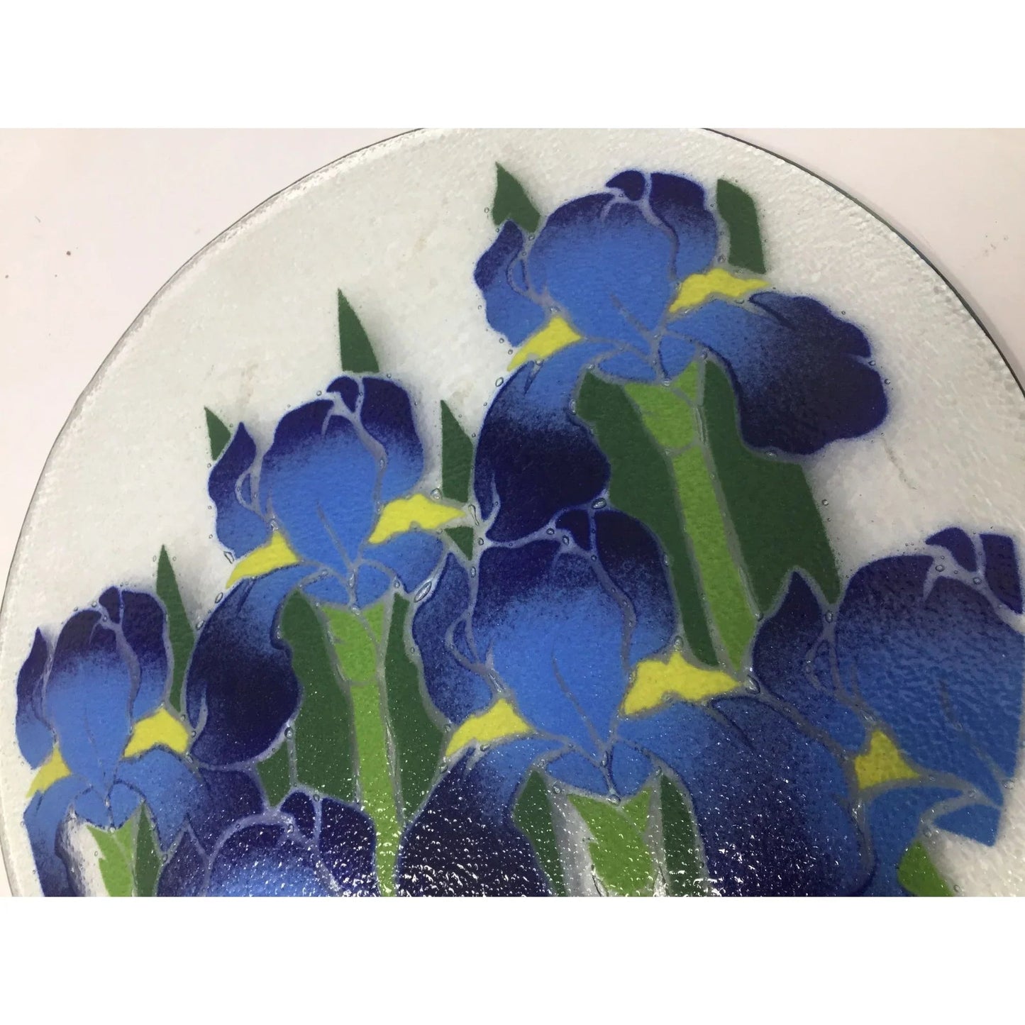 Vintage Peggy Karr Fused Art Glass Round Glass Plate with Blue Iris on it - peggy karr - Plates - A+ Stuff