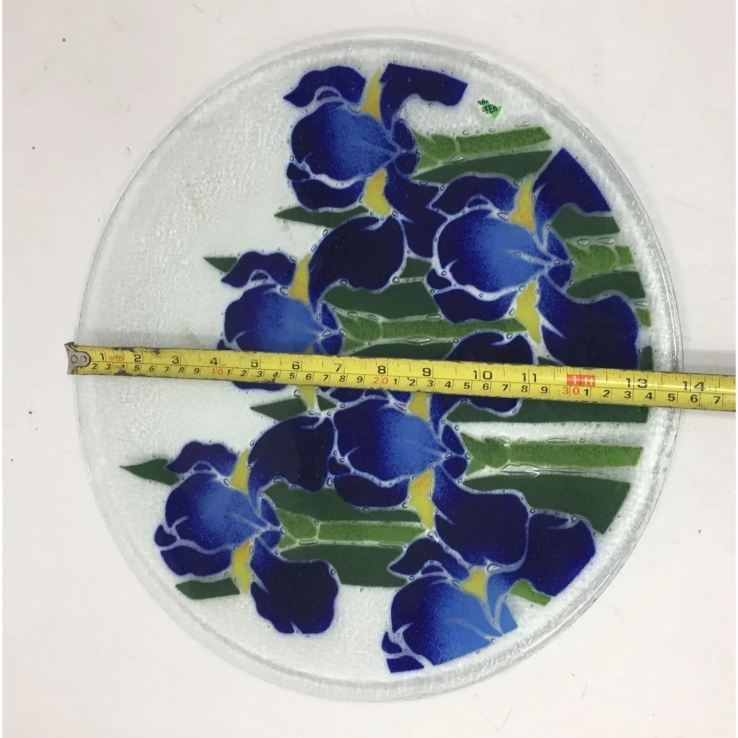 Vintage Peggy Karr Fused Art Glass Round Glass Plate with Blue Iris on it - peggy karr - Plates - A+ Stuff