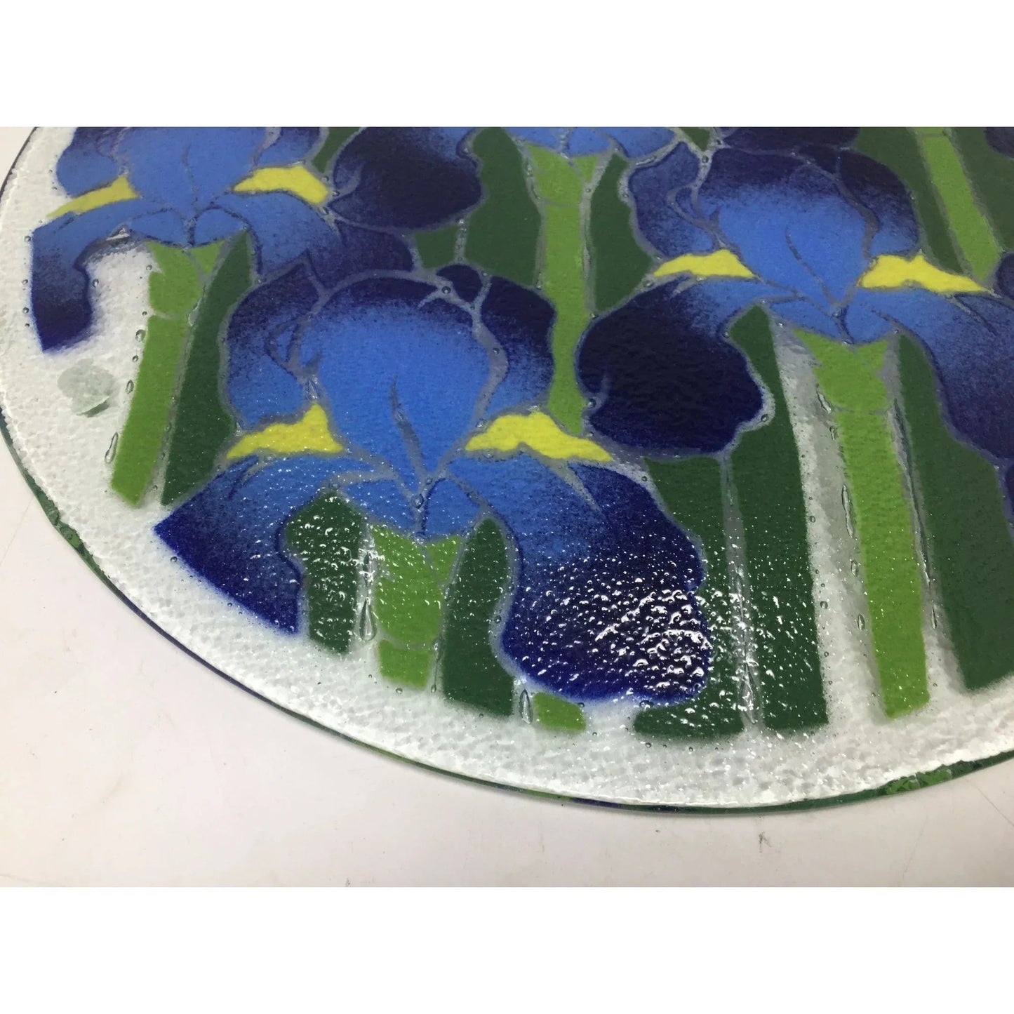 Vintage Peggy Karr Fused Art Glass Round Glass Plate with Blue Iris on it - peggy karr - Plates - A+ Stuff