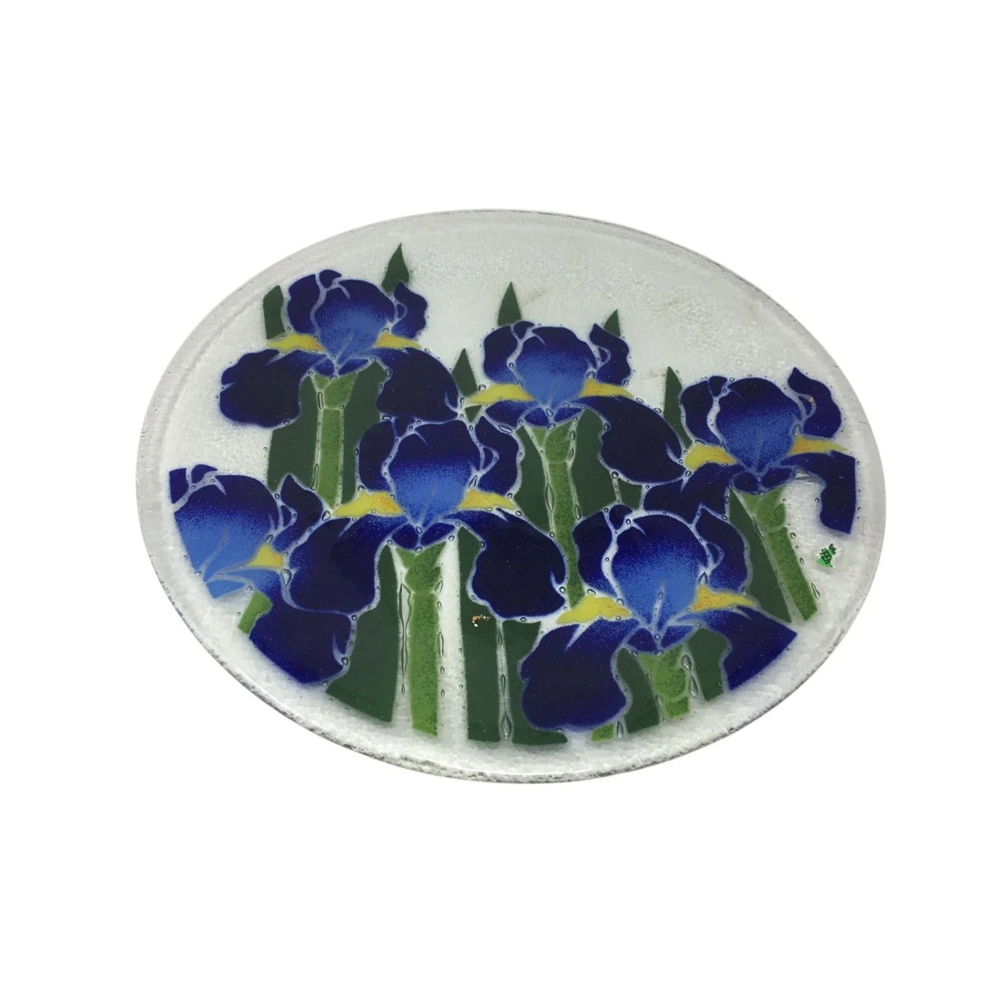 Vintage Peggy Karr Fused Art Glass Round Glass Plate with Blue Iris on it - peggy karr - Plates - A+ Stuff