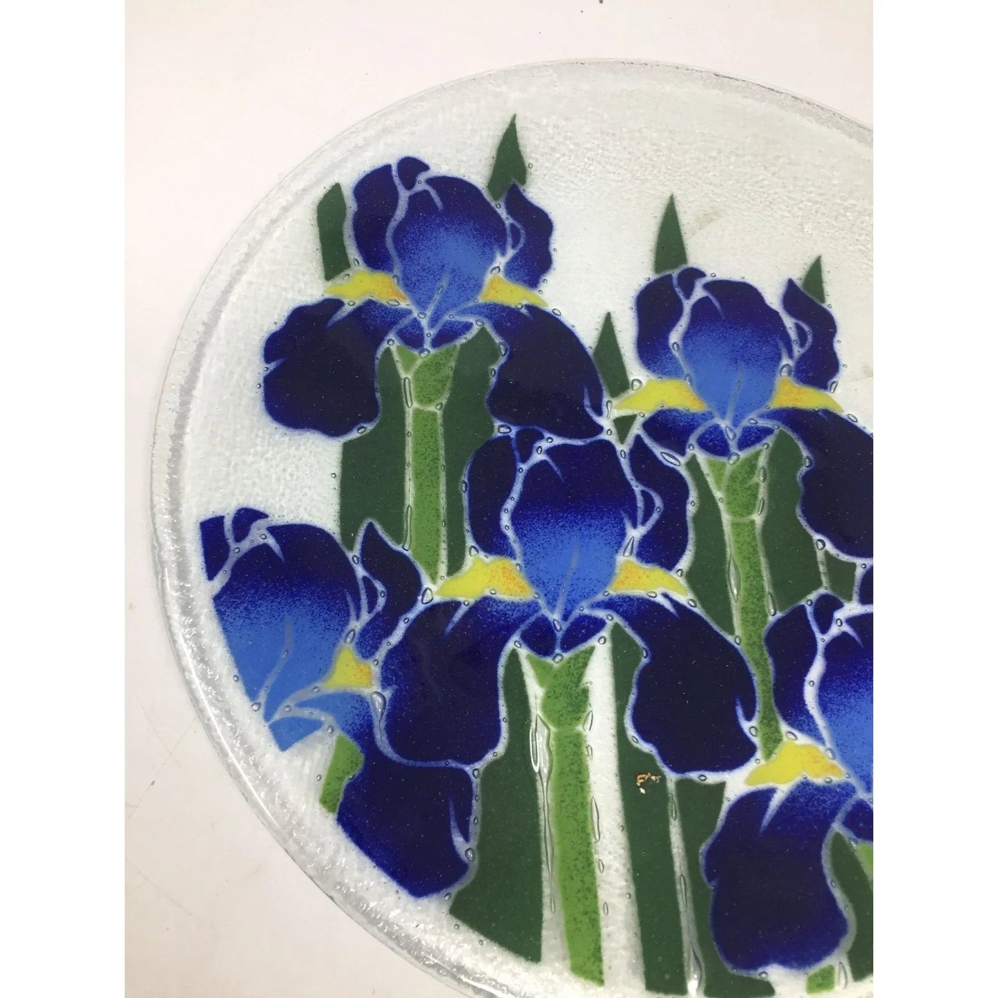 Vintage Peggy Karr Fused Art Glass Round Glass Plate with Blue Iris on it - peggy karr - Plates - A+ Stuff