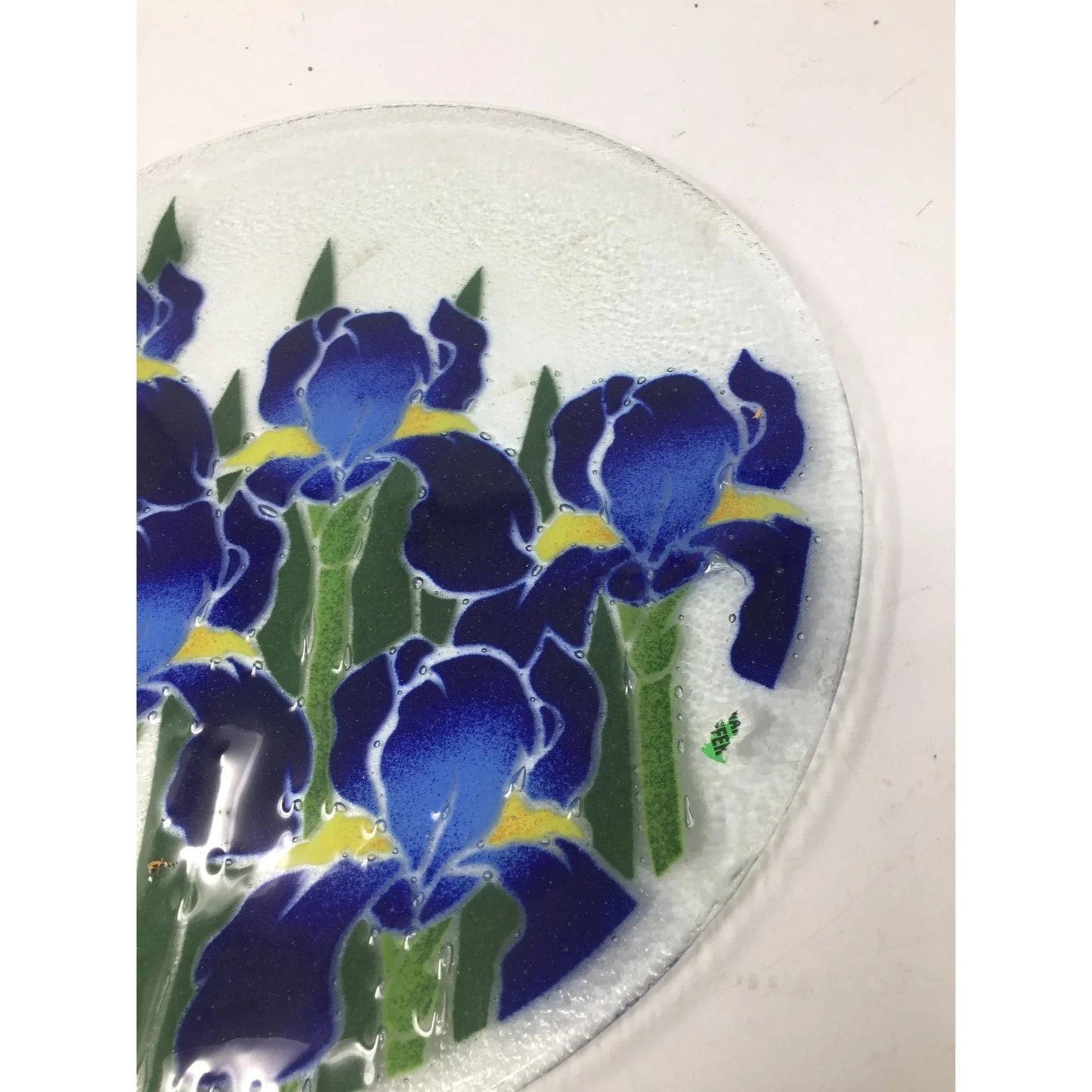 Vintage Peggy Karr Fused Art Glass Round Glass Plate with Blue Iris on it - peggy karr - Plates - A+ Stuff
