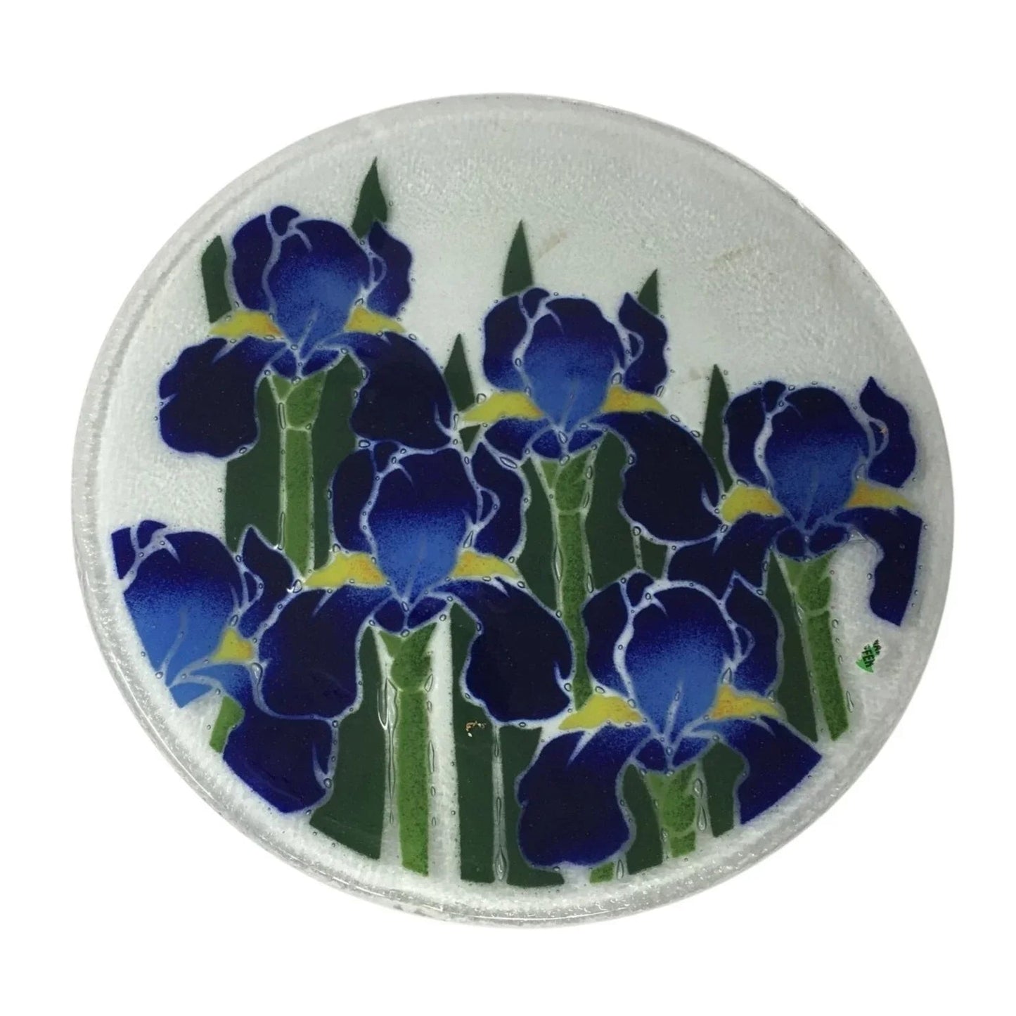 Vintage Peggy Karr Fused Art Glass Round Glass Plate with Blue Iris on it - peggy karr - Plates - A+ Stuff