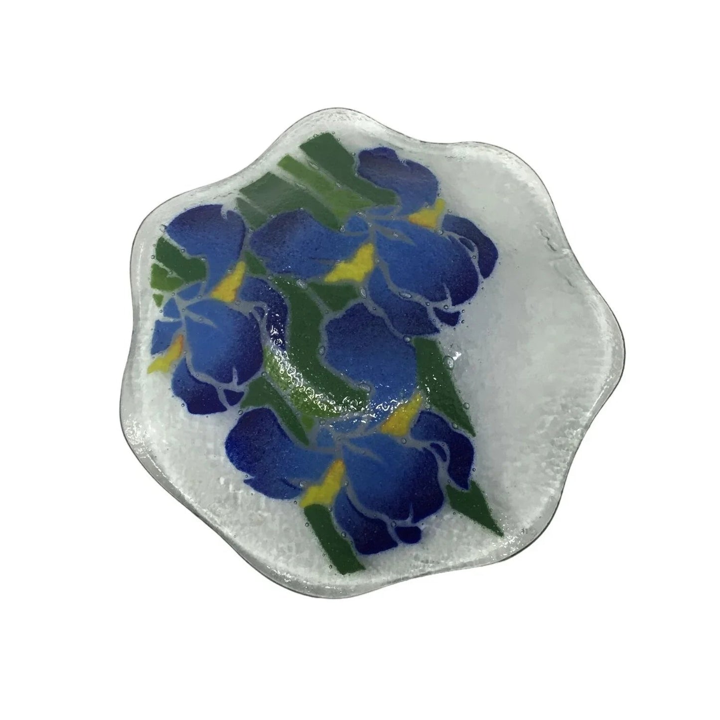 Vintage Peggy Karr Fused Art Glass Ruffled Blue Iris Bowl - A+ Stuff