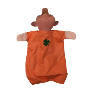 Vintage Pig Hand Puppet Wearing Orange Outfit with Green Clover