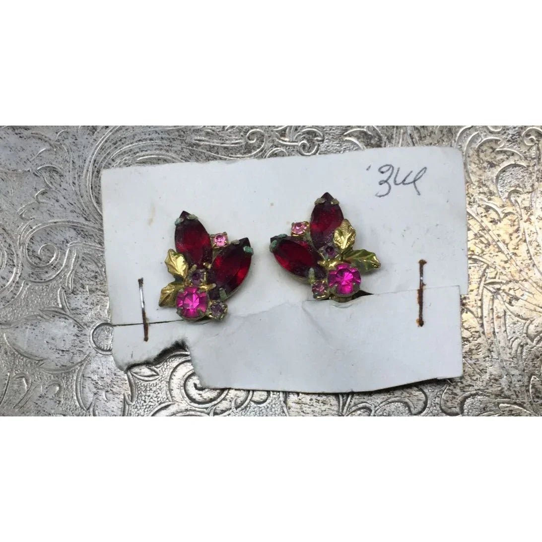 Vintage Pink Marquise Rhinestone Gold Tone Clip On Earrings - A+ Stuff - Earrings - A+ Stuff