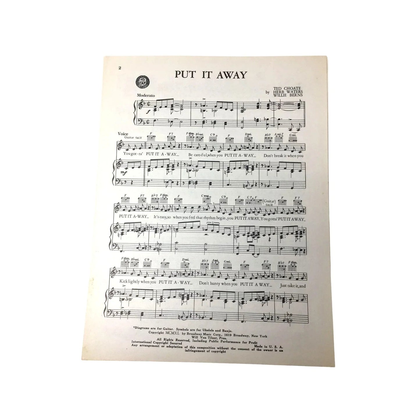 Vintage 'PUT IT AWAY' Sheet Music - unbranded - SHEET MUSIC - A+ Stuff