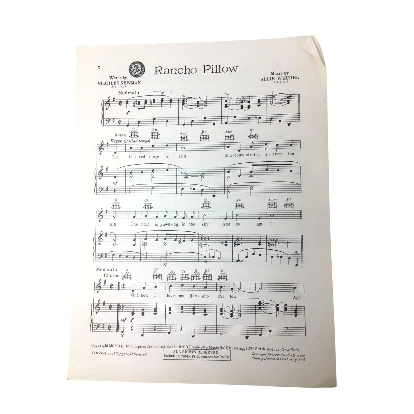 Vintage 'RANCHO PILLOW' Sheet Music - unbranded - SHEET MUSIC - A+ Stuff