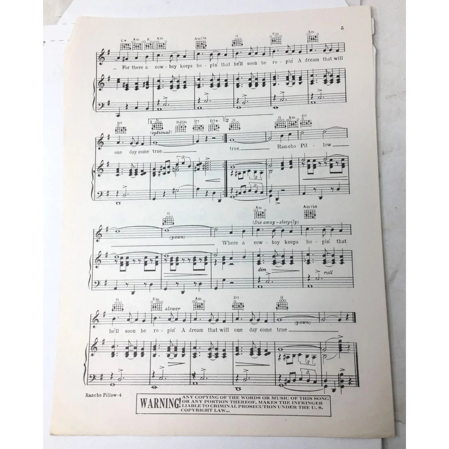 Vintage 'RANCHO PILLOW' Sheet Music - unbranded - SHEET MUSIC - A+ Stuff
