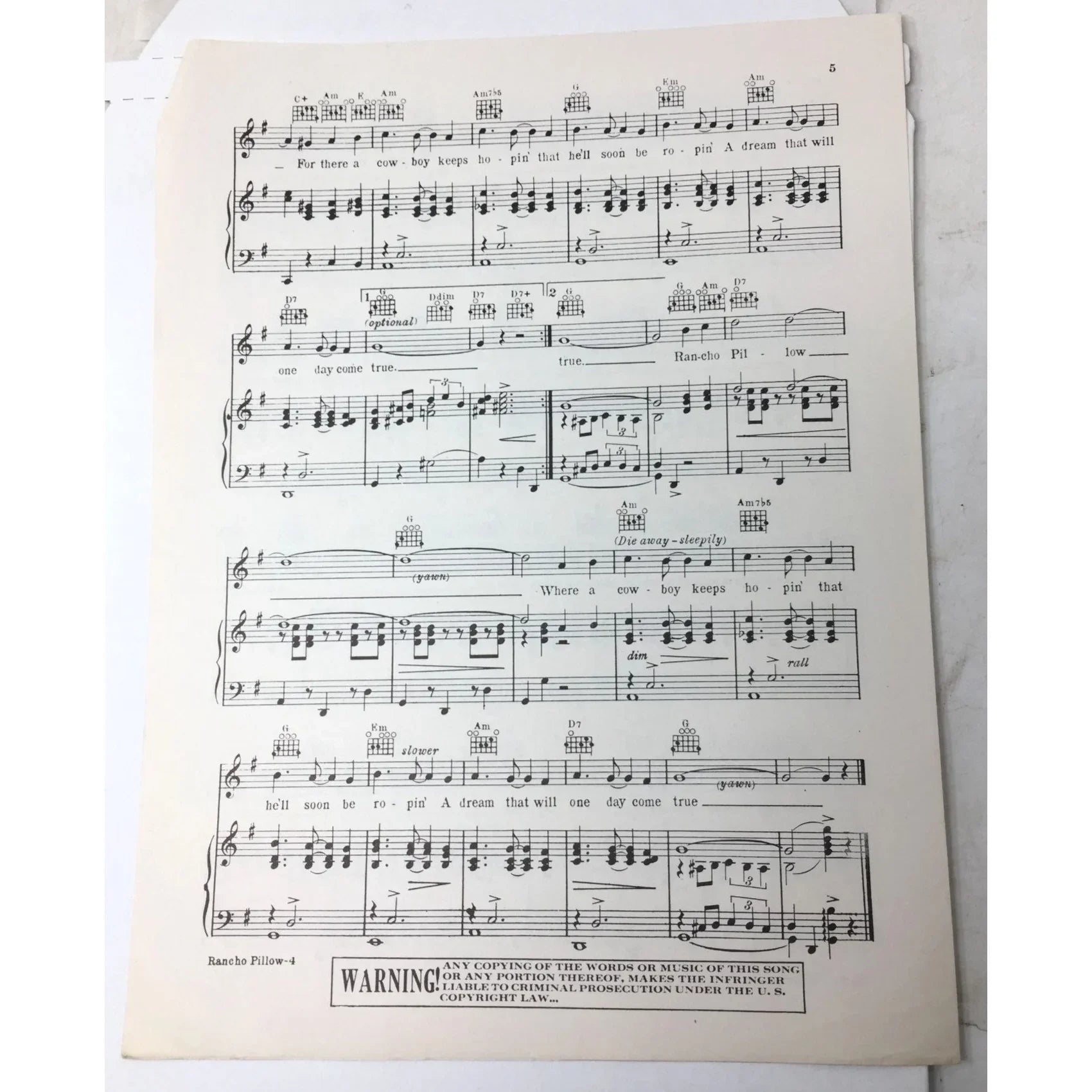 Vintage 'RANCHO PILLOW' Sheet Music - unbranded - SHEET MUSIC - A+ Stuff