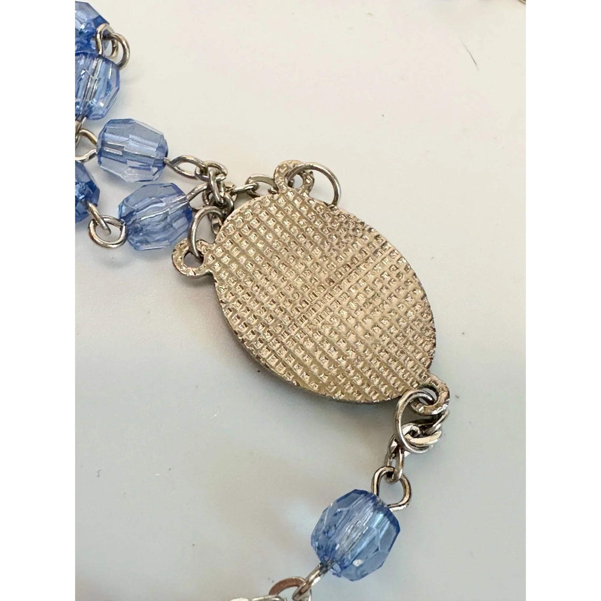 Vintage Religious Rosary with Virgin Mary and Jesus Medal and Blue Clear Beads - A+ Stuff - Religious Items - A+ Stuff