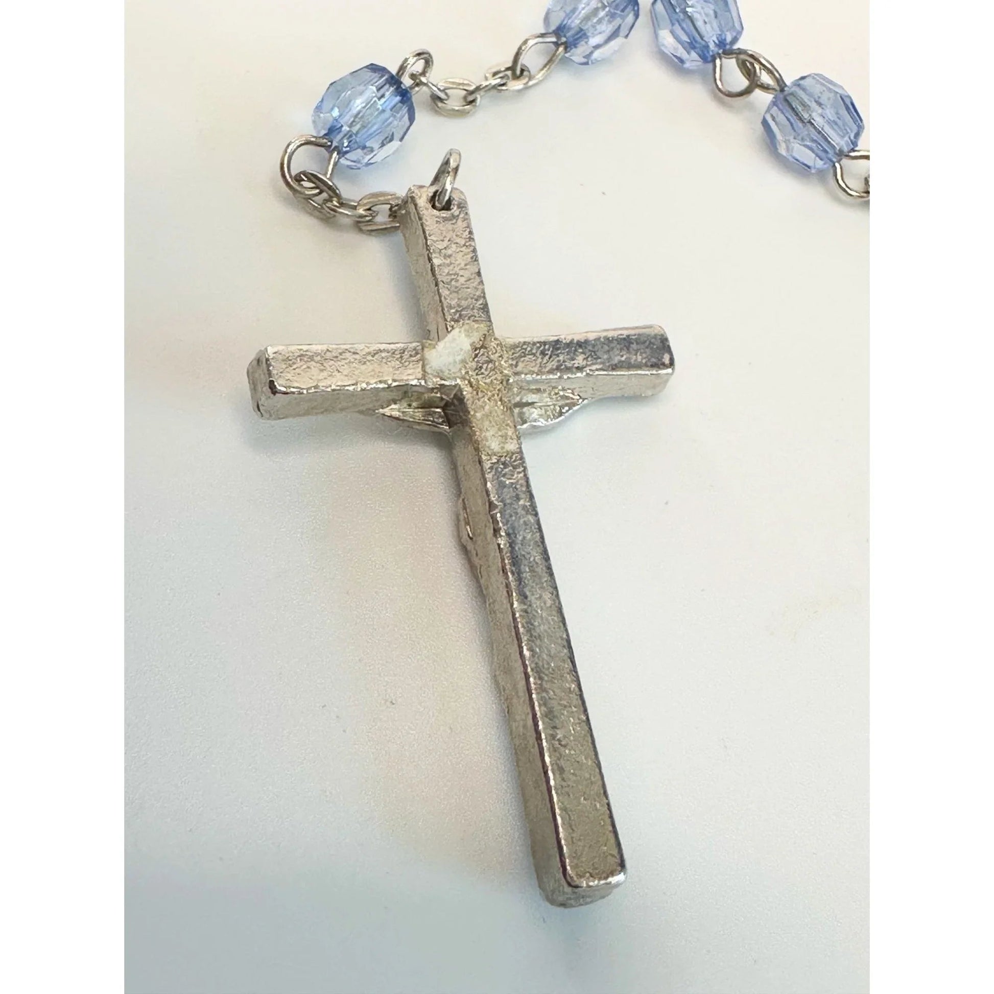 Vintage Religious Rosary with Virgin Mary and Jesus Medal and Blue Clear Beads - A+ Stuff - Religious Items - A+ Stuff
