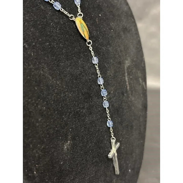 Vintage Religious Rosary with Virgin Mary and Jesus Medal and Blue Clear Beads - A+ Stuff - Religious Items - A+ Stuff