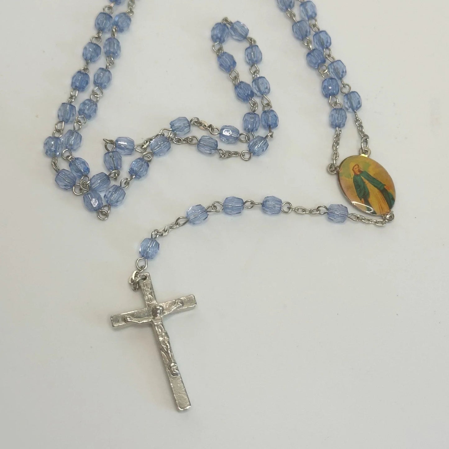 Vintage Religious Rosary with Virgin Mary and Jesus Medal and Blue Clear Beads - A+ Stuff - Religious Items - A+ Stuff