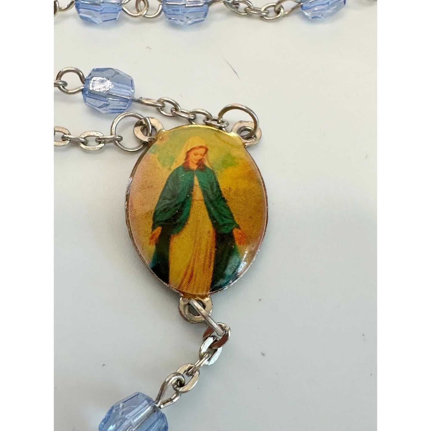 Vintage Religious Rosary with Virgin Mary and Jesus Medal and Blue Clear Beads - A+ Stuff - Religious Items - A+ Stuff