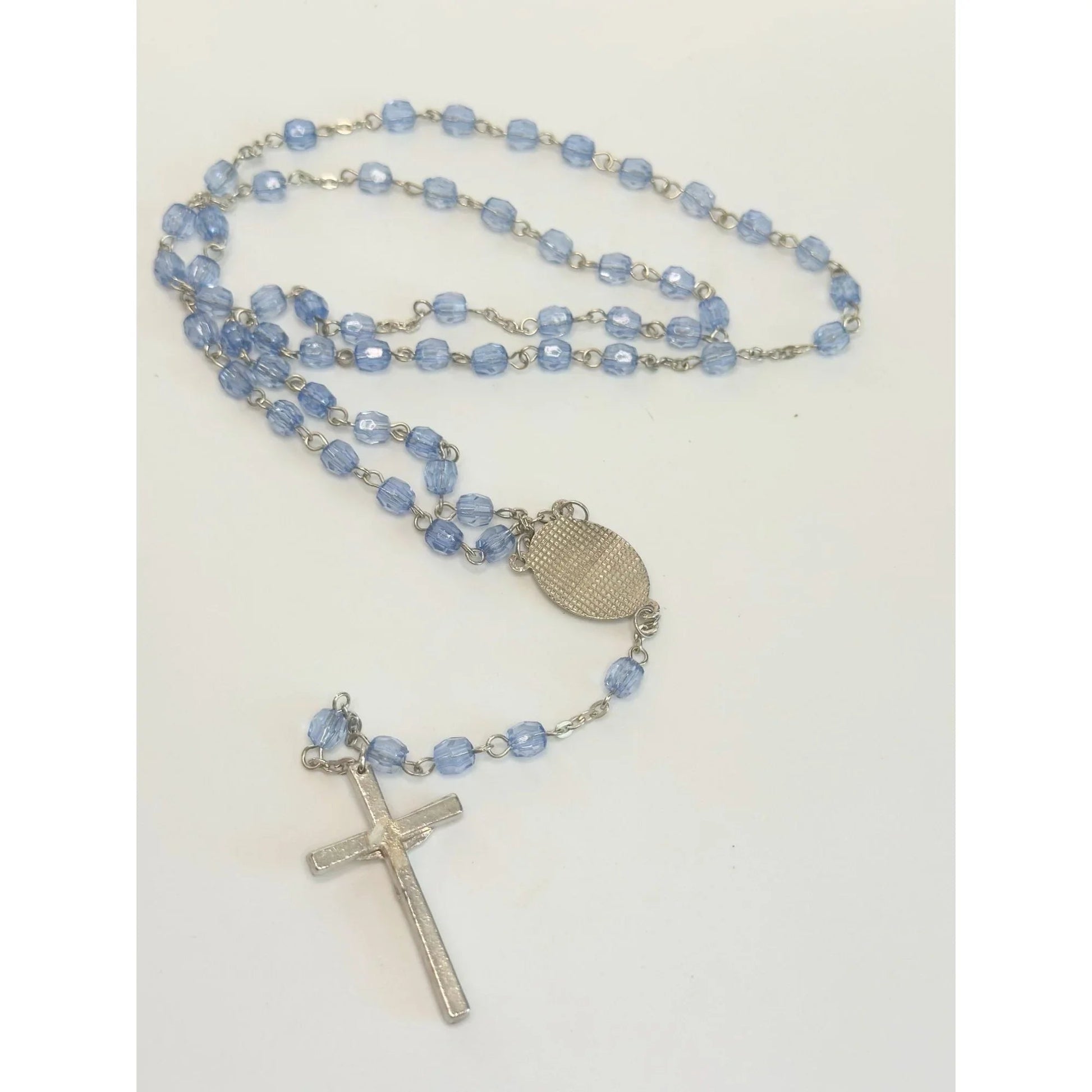 Vintage Religious Rosary with Virgin Mary and Jesus Medal and Blue Clear Beads - A+ Stuff - Religious Items - A+ Stuff