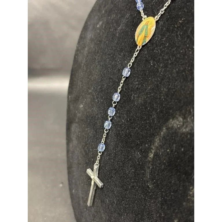 Vintage Religious Rosary with Virgin Mary and Jesus Medal and Blue Clear Beads - A+ Stuff - Religious Items - A+ Stuff