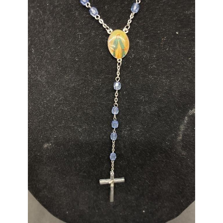 Vintage Religious Rosary with Virgin Mary and Jesus Medal and Blue Clear Beads - A+ Stuff - Religious Items - A+ Stuff