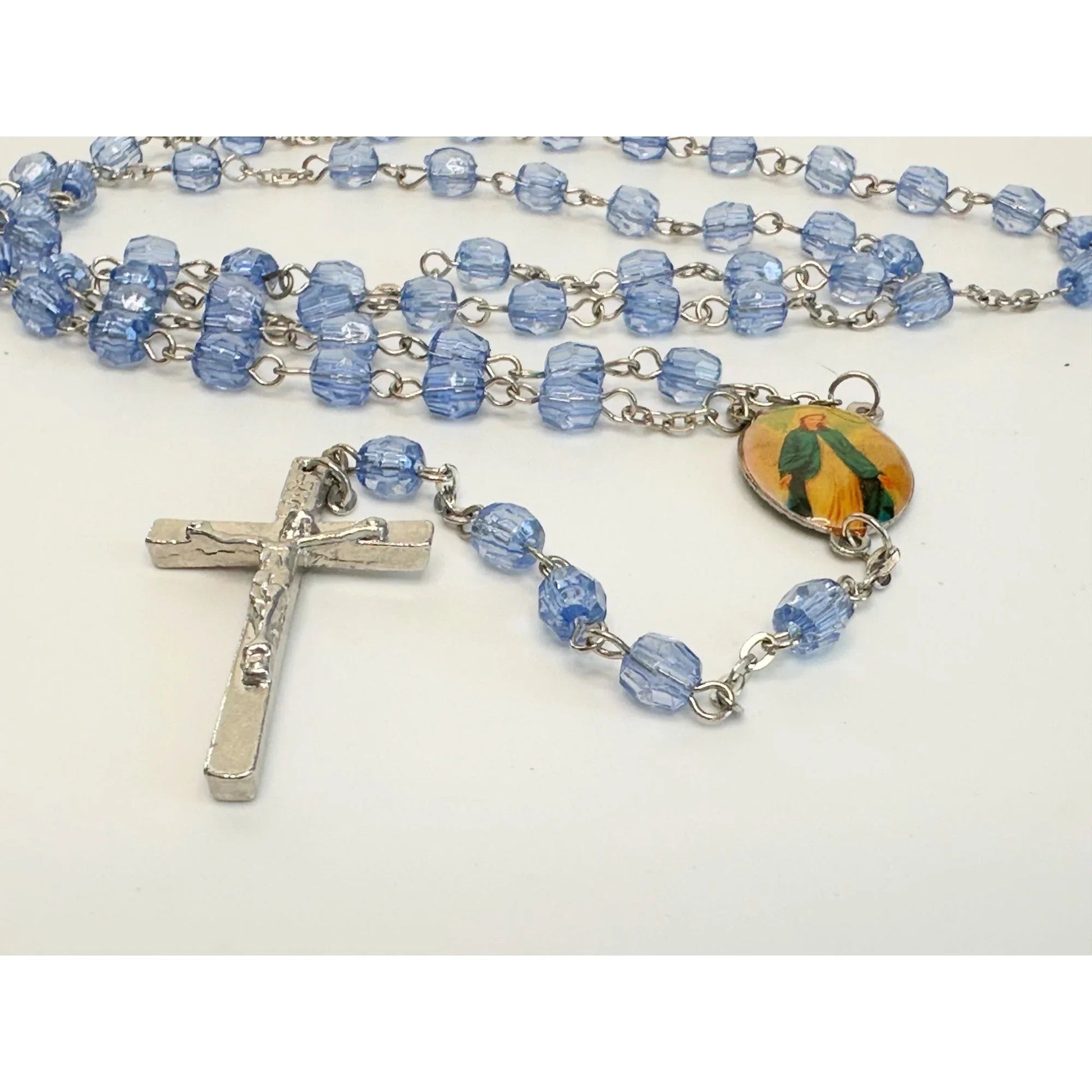 Vintage Religious Rosary with Virgin Mary and Jesus Medal and Blue Clear Beads - A+ Stuff - Religious Items - A+ Stuff
