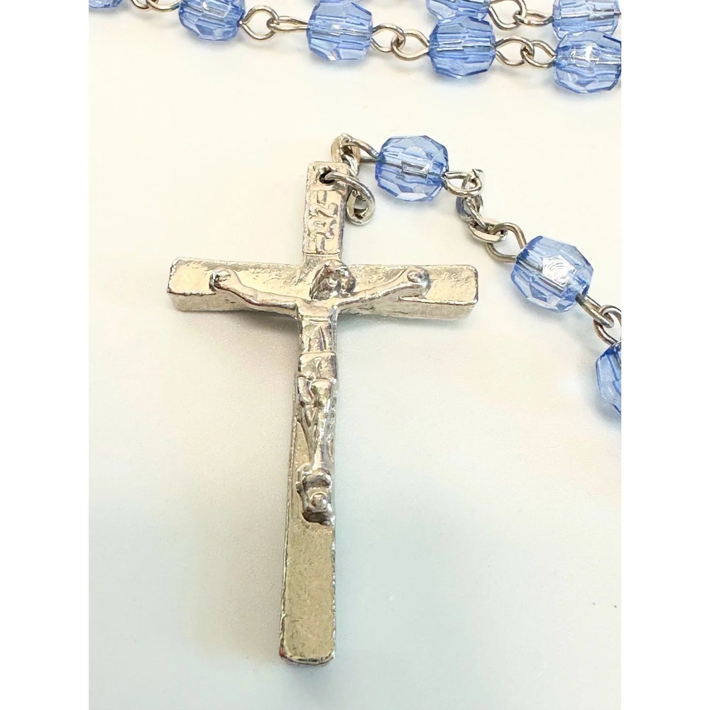 Vintage Religious Rosary with Virgin Mary and Jesus Medal and Blue Clear Beads - A+ Stuff - Religious Items - A+ Stuff