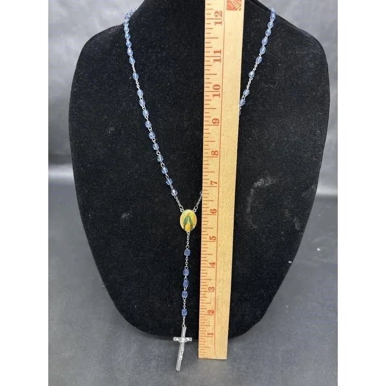 Vintage Religious Rosary with Virgin Mary and Jesus Medal and Blue Clear Beads - A+ Stuff - Religious Items - A+ Stuff